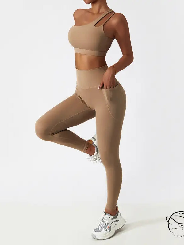 Breathable beige yoga pants set with sports bra, high-waisted leggings, white sneakers