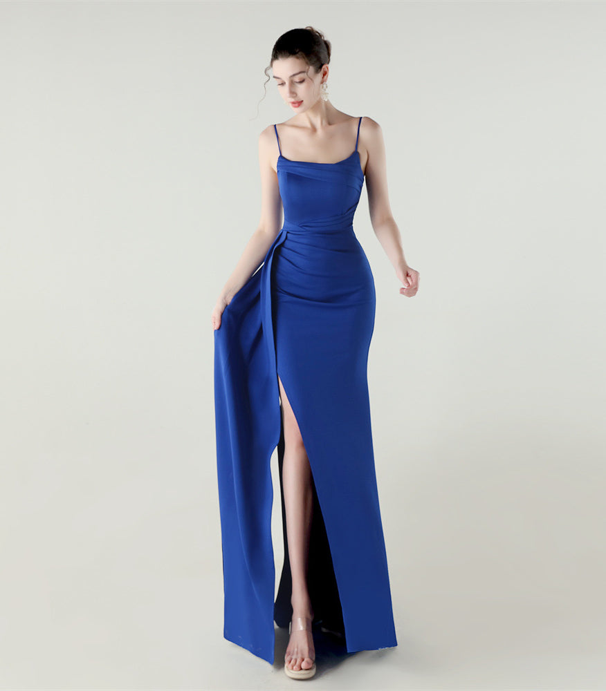Elegant high slit evening dress in royal blue satin, langry fashion