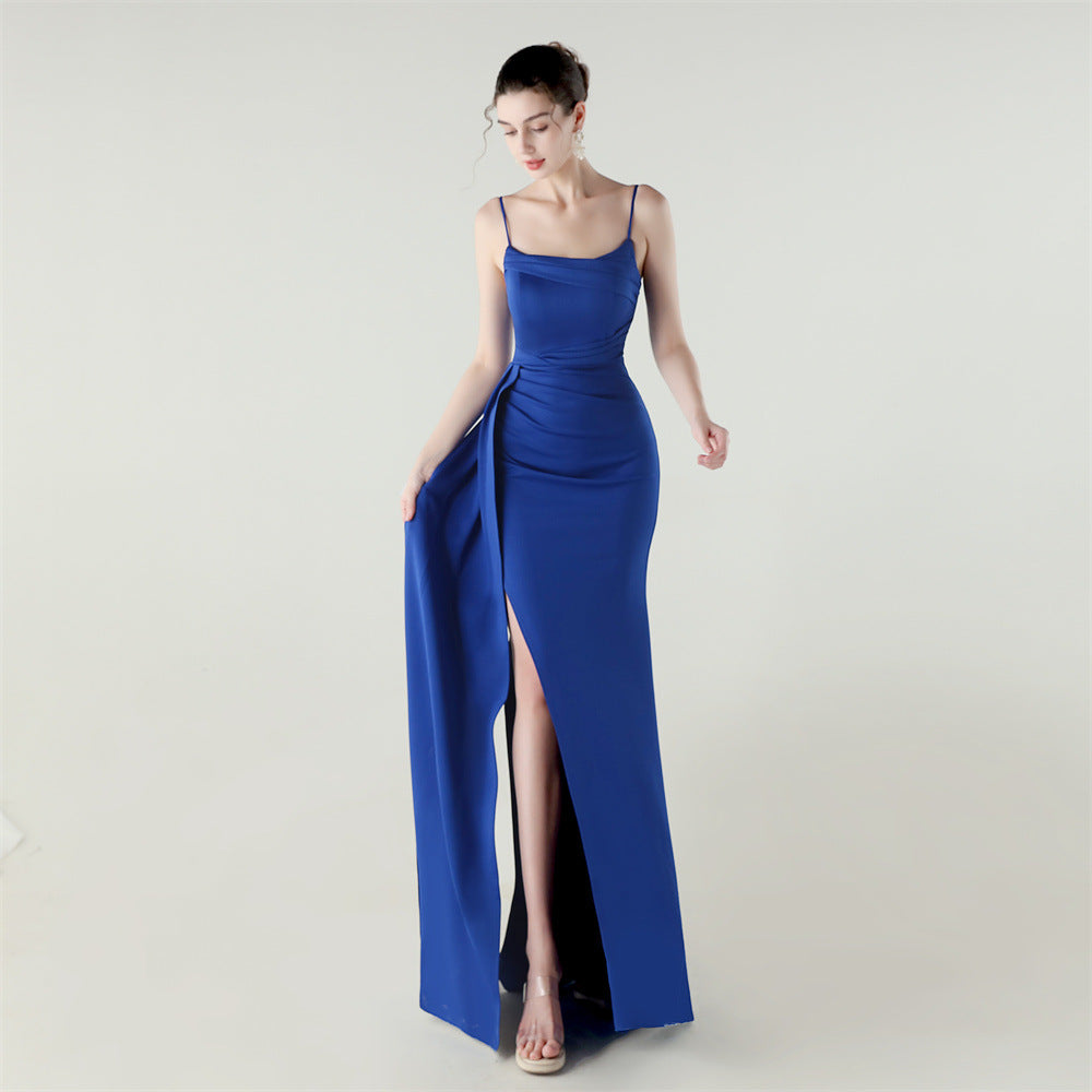 Elegant high slit evening dress in royal blue satin, langry fashion
