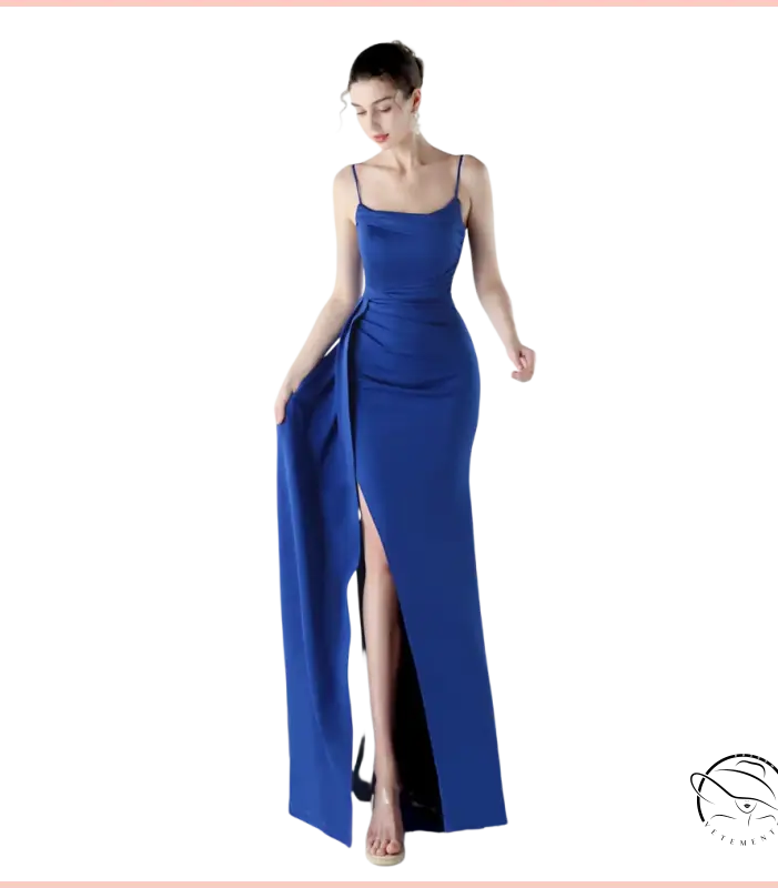 Elegant langry royal blue satin evening gown with high slit