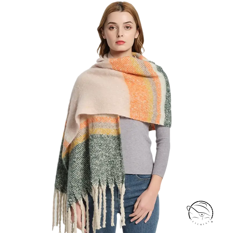 Cozy warm wool scarf in beige, orange, green stripes with fringe