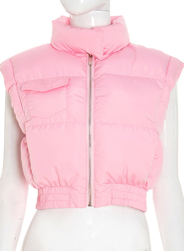 Pink Langry fashion puffer vest with high collar and zipper