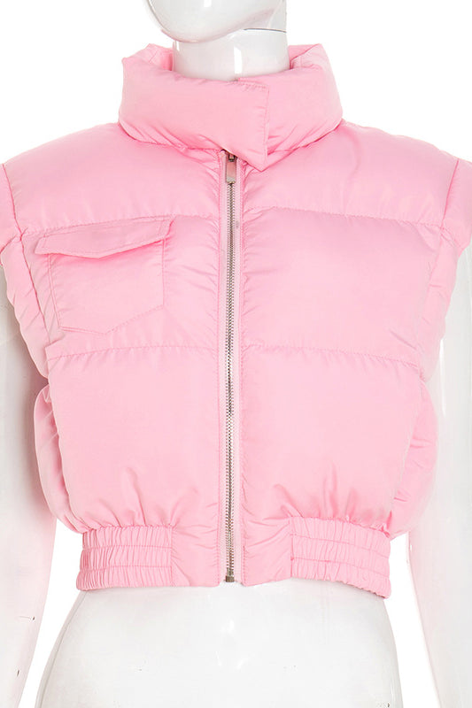 Pink Langry fashion puffer vest with high collar and zipper