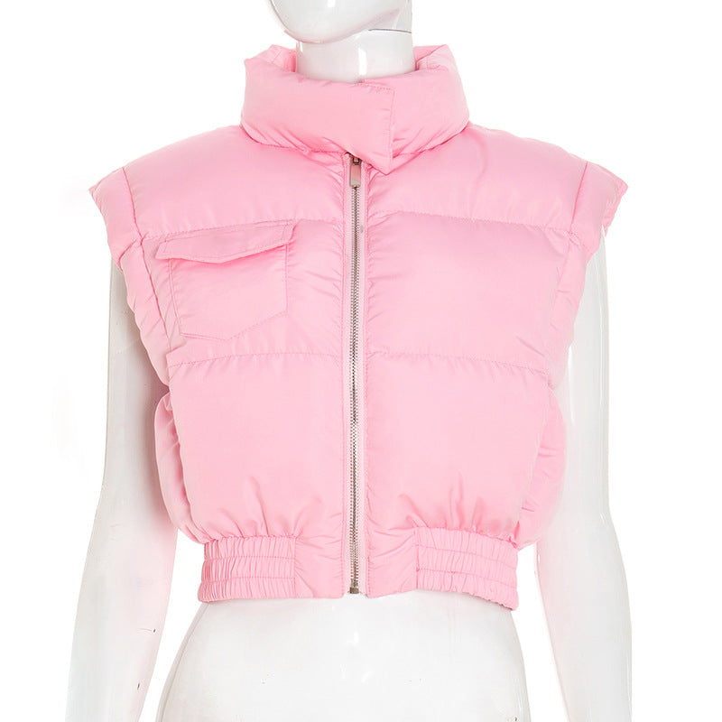 Pink Langry fashion puffer vest with high collar and zipper