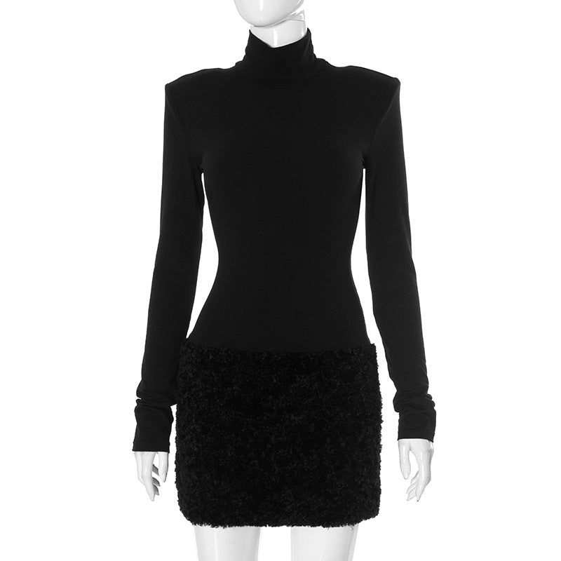 Elegant Furry Short Dress featuring a black turtleneck and textured furry skirt