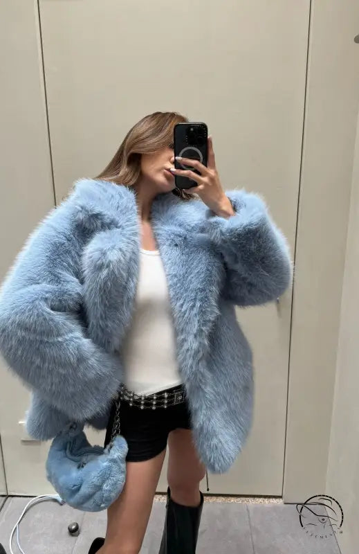 Light blue faux fur coat with oversized sleeves, Langry fashion