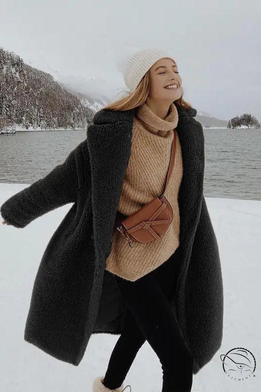 Langry fashion brown leather crossbody bag with bow detail on casual faux fur coat