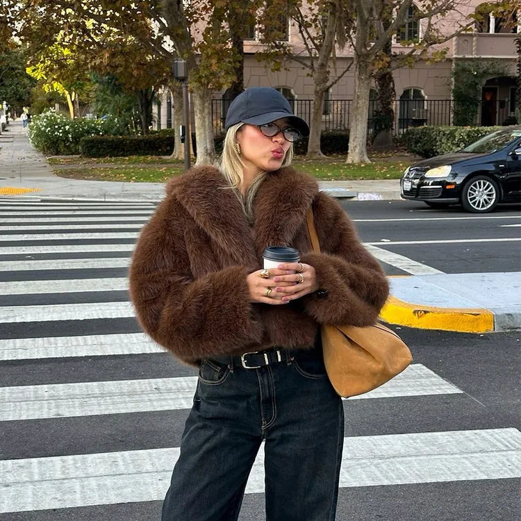 Gorgeous faux fur fox jacket with belt, jeans, tan bag by Langry fashion