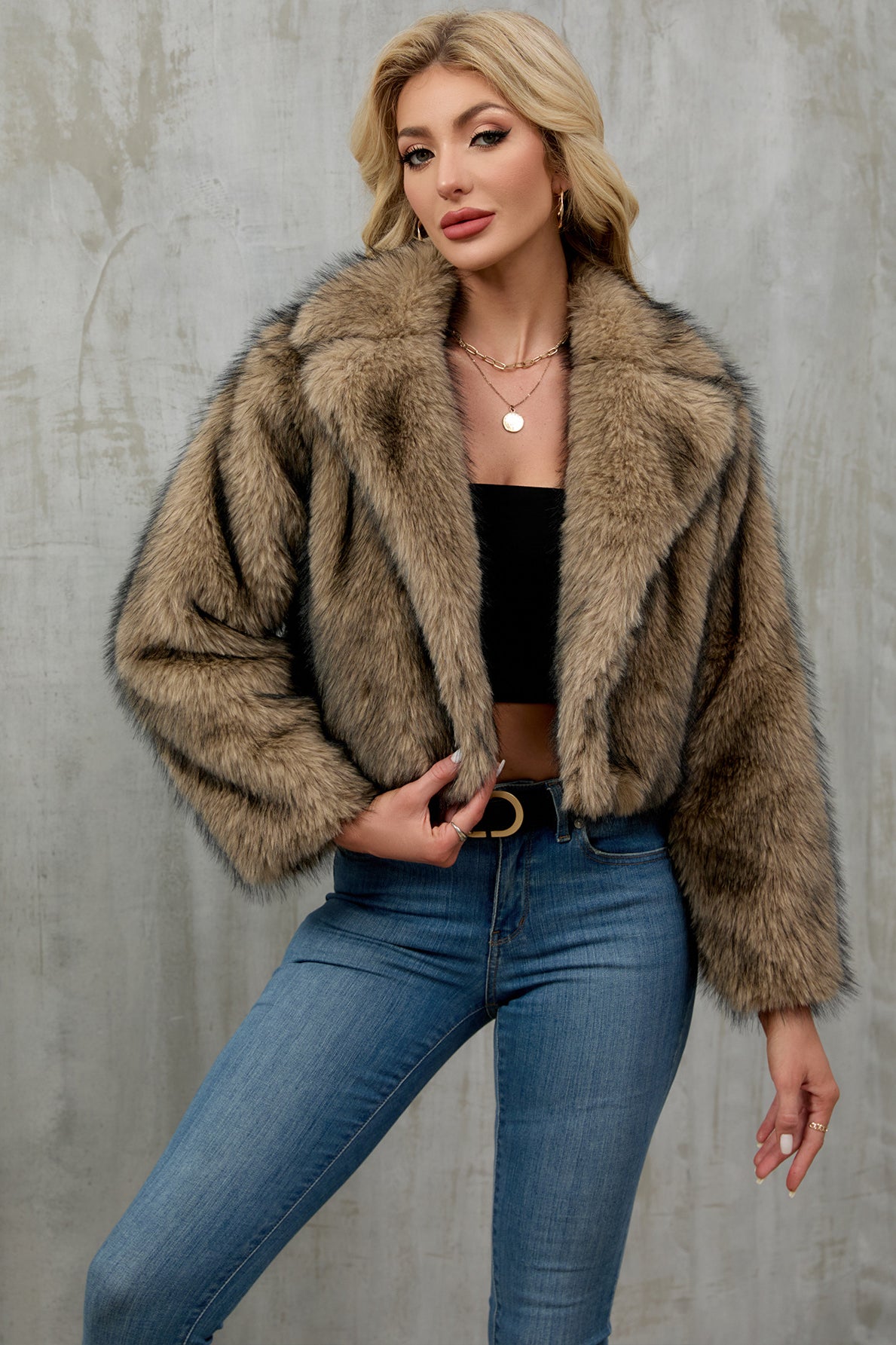 Stylish loose faux fur short cardigan coat in natural brown