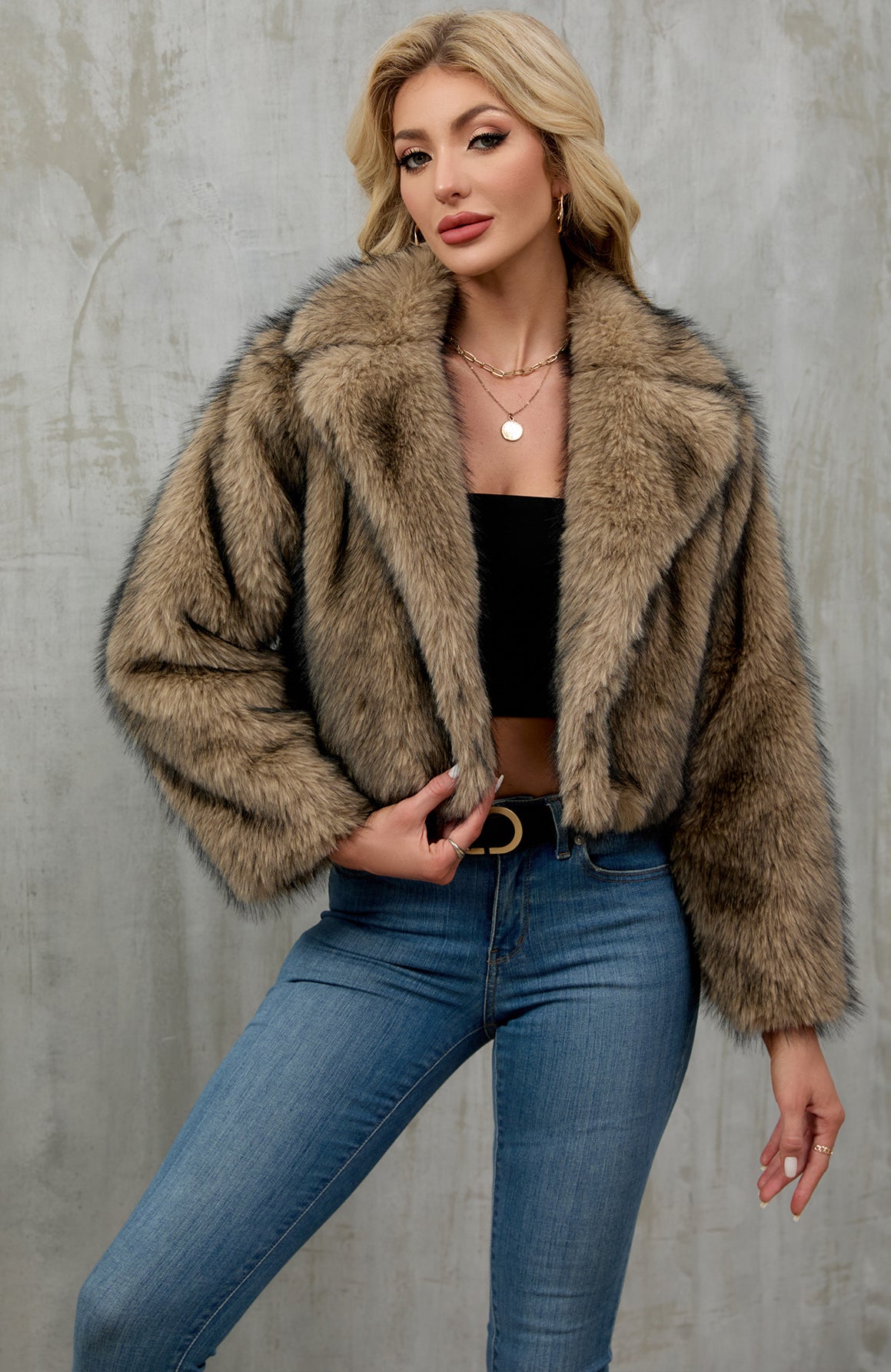 Stylish loose faux fur short cardigan coat in natural brown