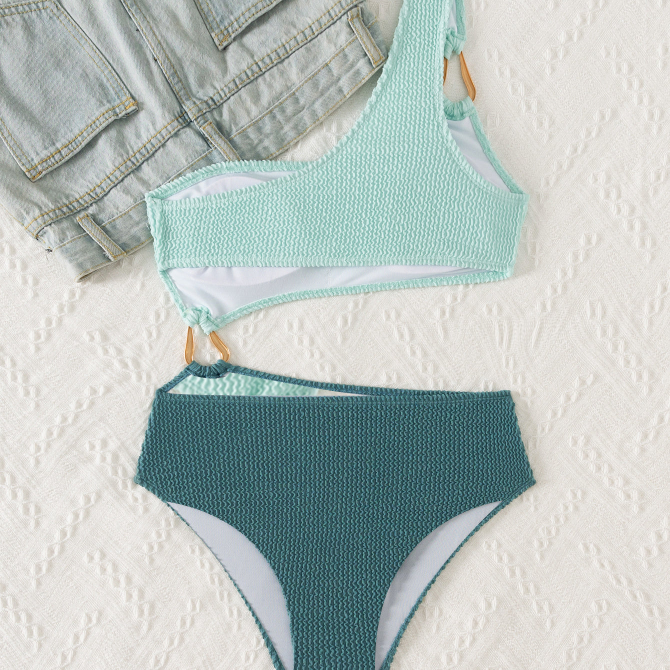 Mint green and teal textured one-shoulder swimsuit from Stunning Hollow Out Bikini fashion