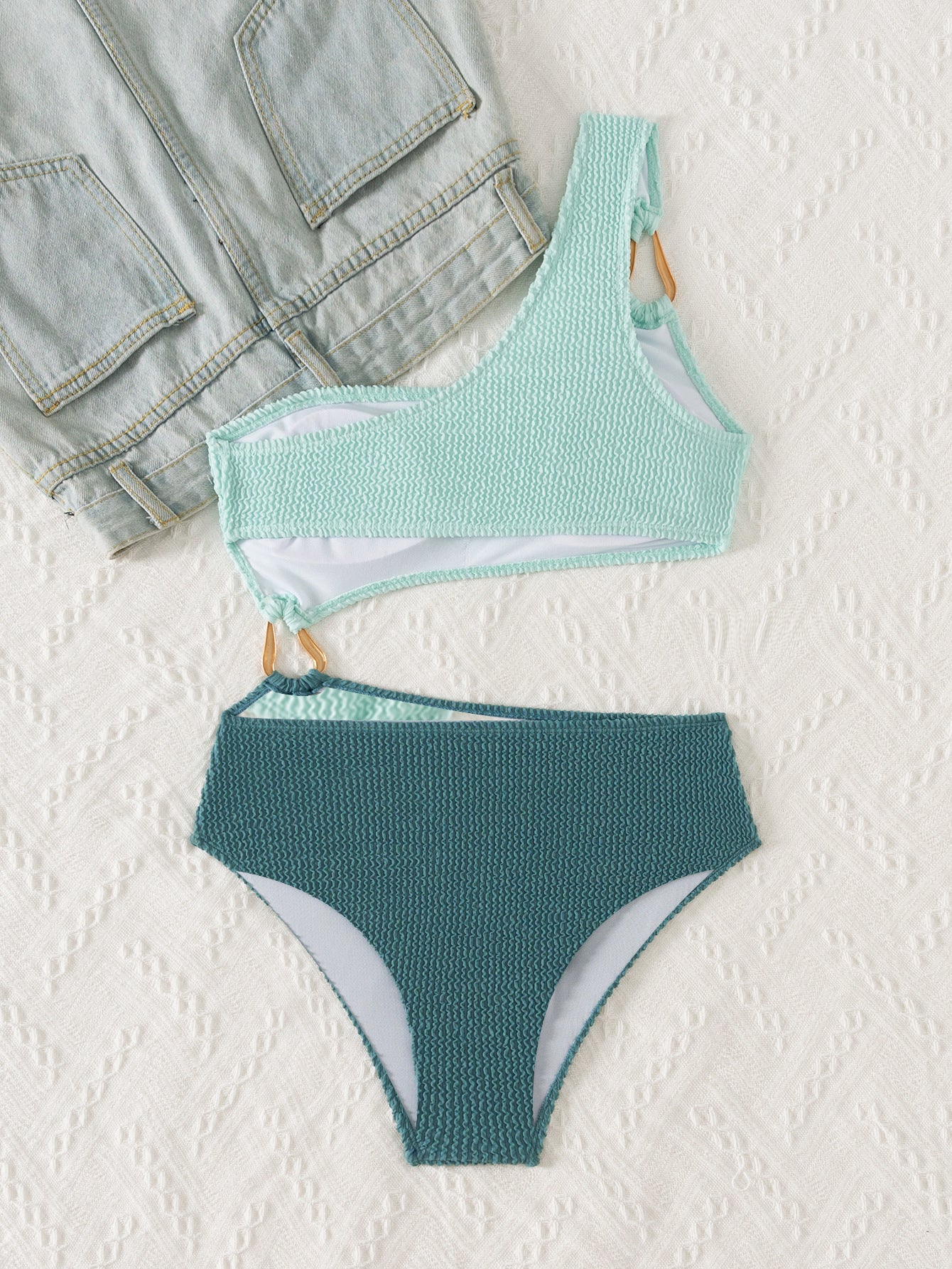 Mint green and teal textured one-shoulder swimsuit from Stunning Hollow Out Bikini fashion