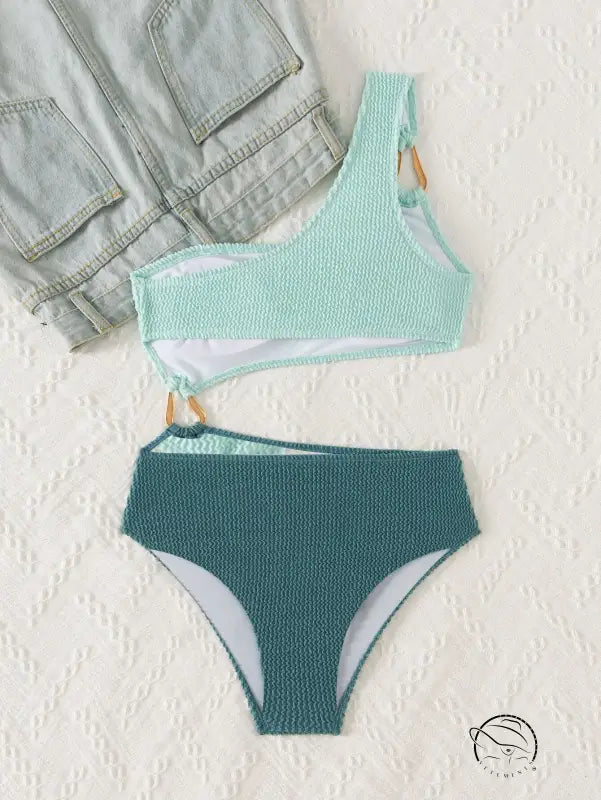 Stunning hollow out mint green and teal textured one-shoulder bikini