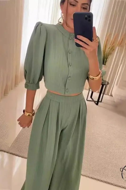 Sage green summer striped half sleeve two-piece pantsuit