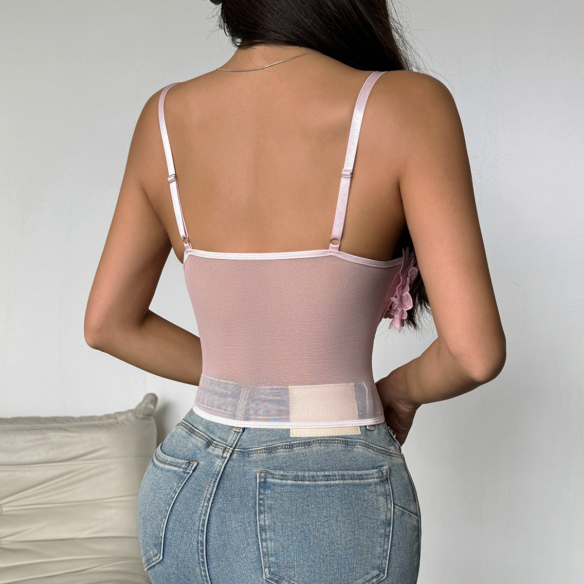 Langry floral sheer mesh boning corset push-up vest in lavender with adjustable straps