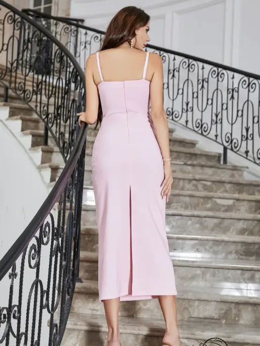 Pink sling dress with integrated fixed cups and slit midi design