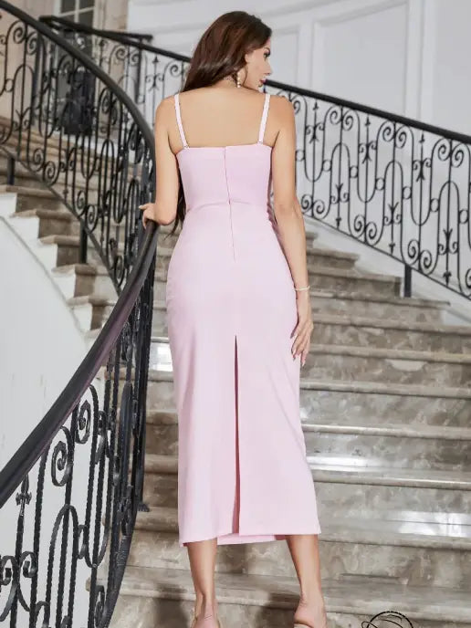 Pink sling dress with integrated fixed cups and slit midi design