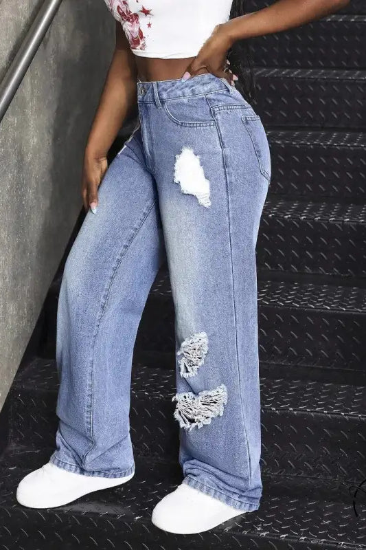 Ripped light-wash wide-leg match denim long jeans