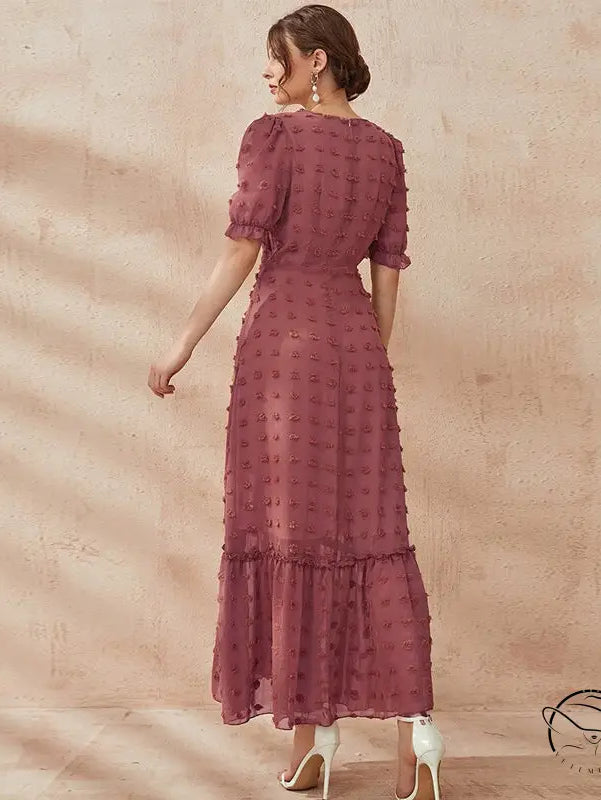 Puff short sleeve high waist mauve dress with dotted pattern and tiered hemline