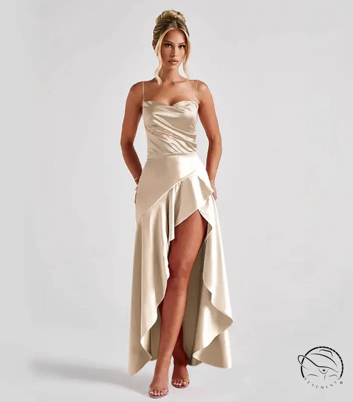 Champagne satin formal dress by Langry with ruched bodice and high-low hem