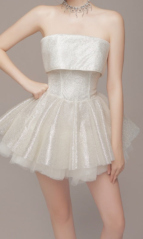 Elegant off Shoulder Short Dress featuring a strapless white glittery design, perfect for fashion