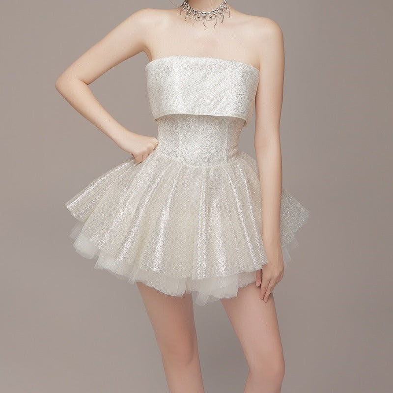 Elegant off Shoulder Short Dress featuring a strapless white glittery design, perfect for fashion