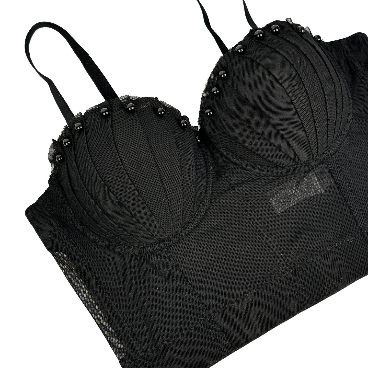 Langry black lace bra with silver embellishments in fashion mesh corset