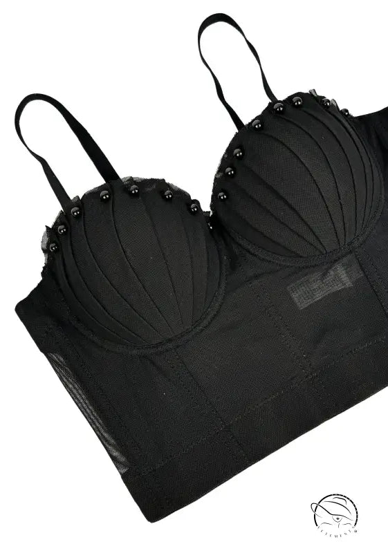 Black lace bra with silver embellishments in Langry fashion corset