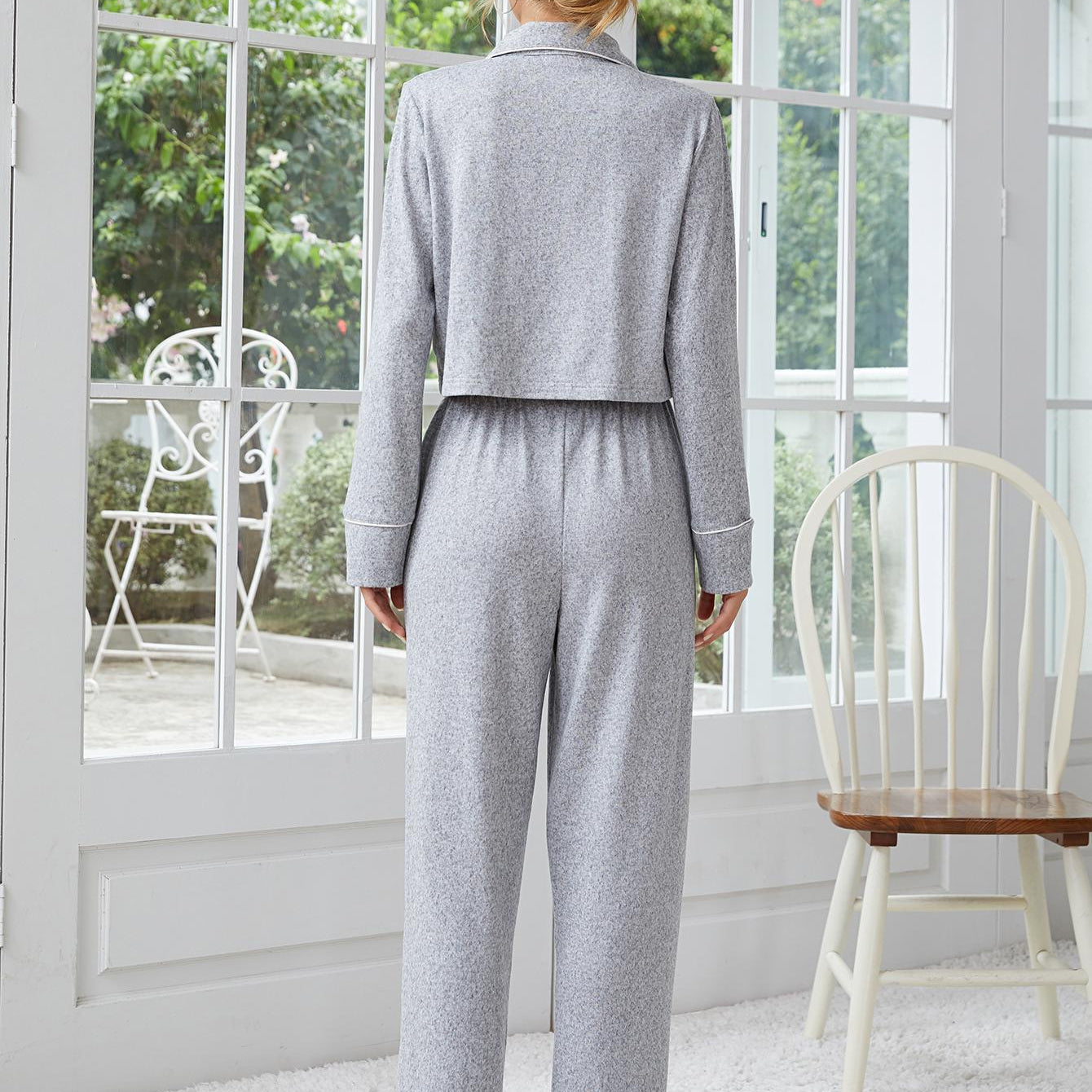 Women’s light grey long-sleeve pajama set with white piping for stylish home wear