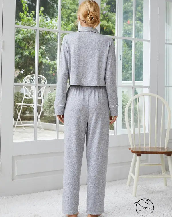 Women’s light grey long-sleeve home wear pajama set with white piping
