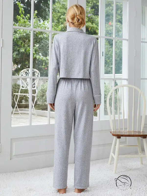 Women’s light grey long-sleeve home wear pajama set with white piping