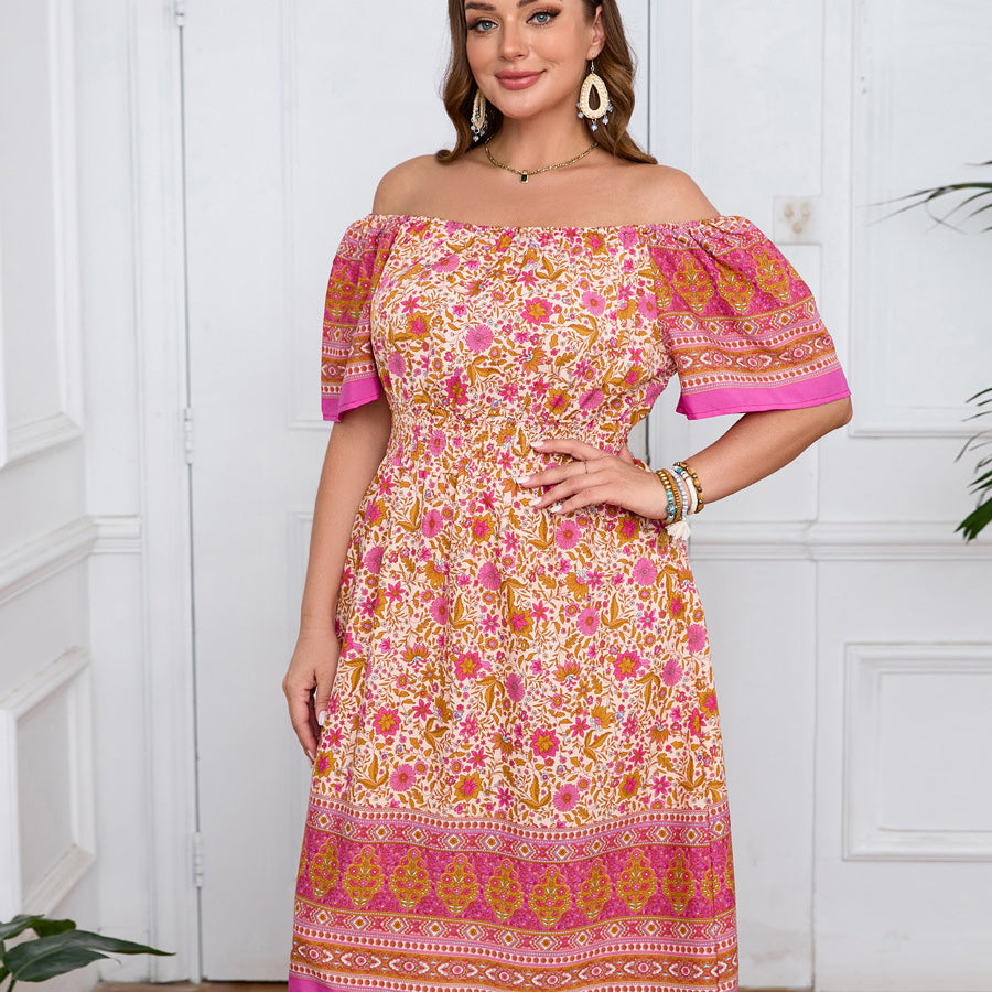 Plus-size off-shoulder floral print dress with puff sleeves, a stylish bohemian dress