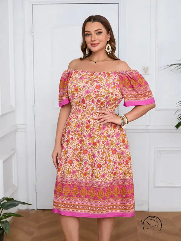 Elegant bohemian dress: plus-size off-shoulder floral print with puff sleeves