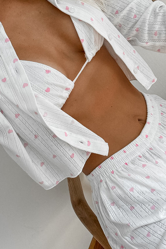 White knitted pajamas three-piece set with pink heart pattern for comfortable sleepwear