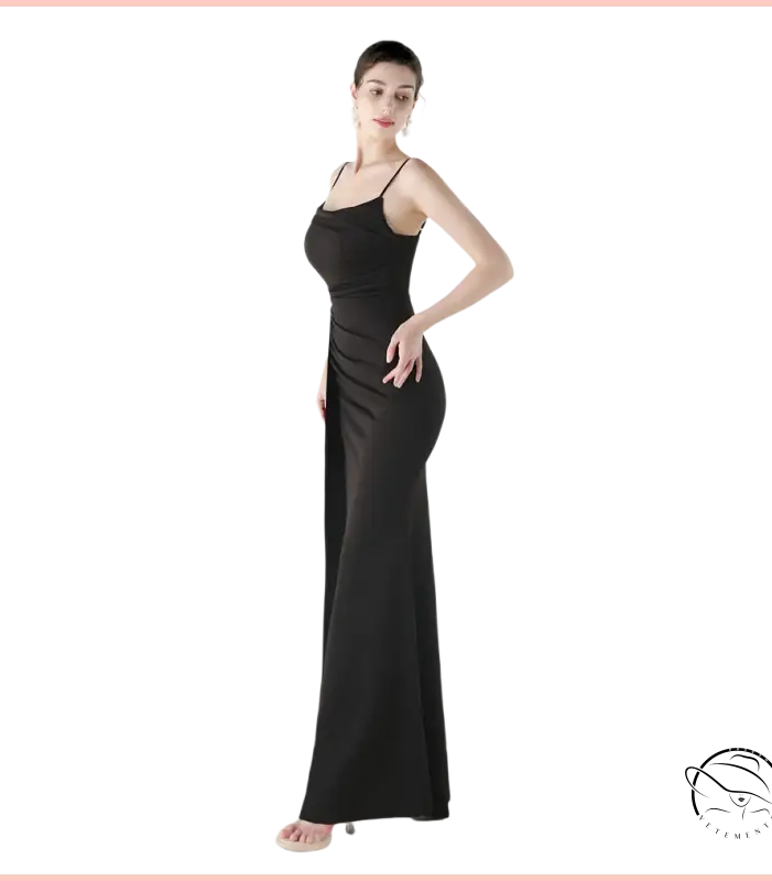 Elegant langry black satin slip dress with high slit