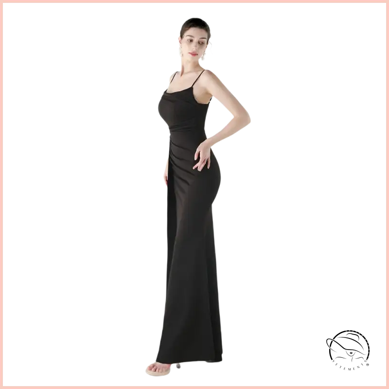Elegant langry black satin slip dress with high slit