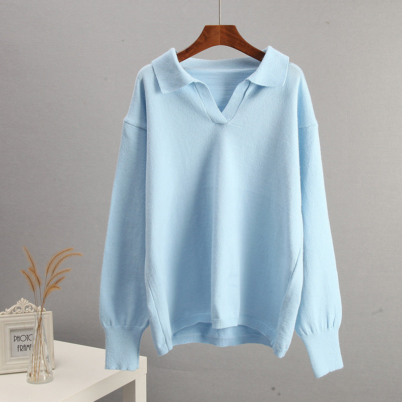Light blue long-sleeved polo shirt with V-neck from Warm Polo Collar Knitted Sweater, perfect for langry fashion and ملابس