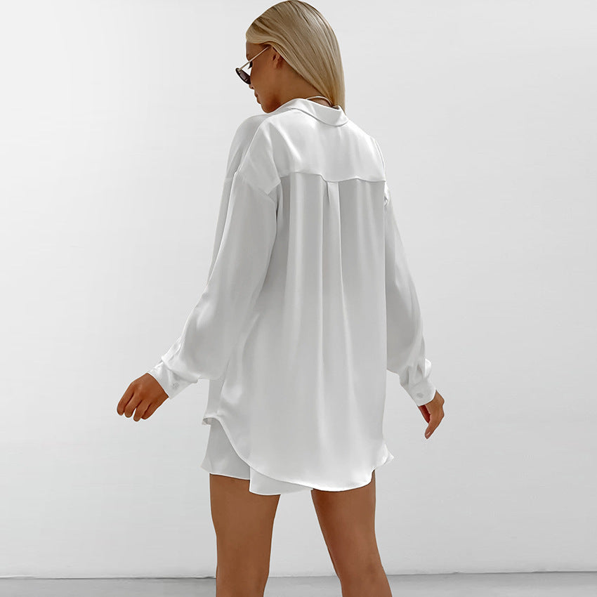 White oversized satin shirt and shorts set from Soft Two Piece Pajamas collection