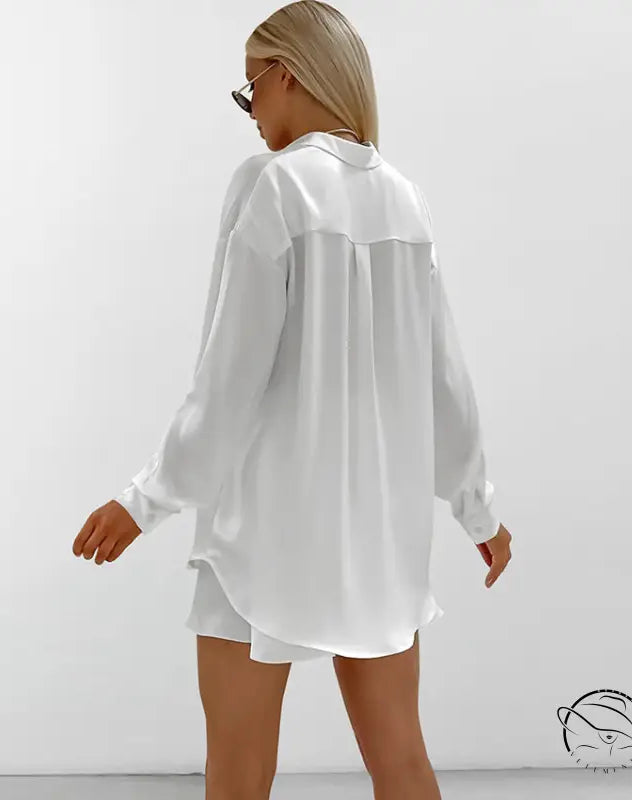White oversized satin soft two piece pajamas shirt and shorts set