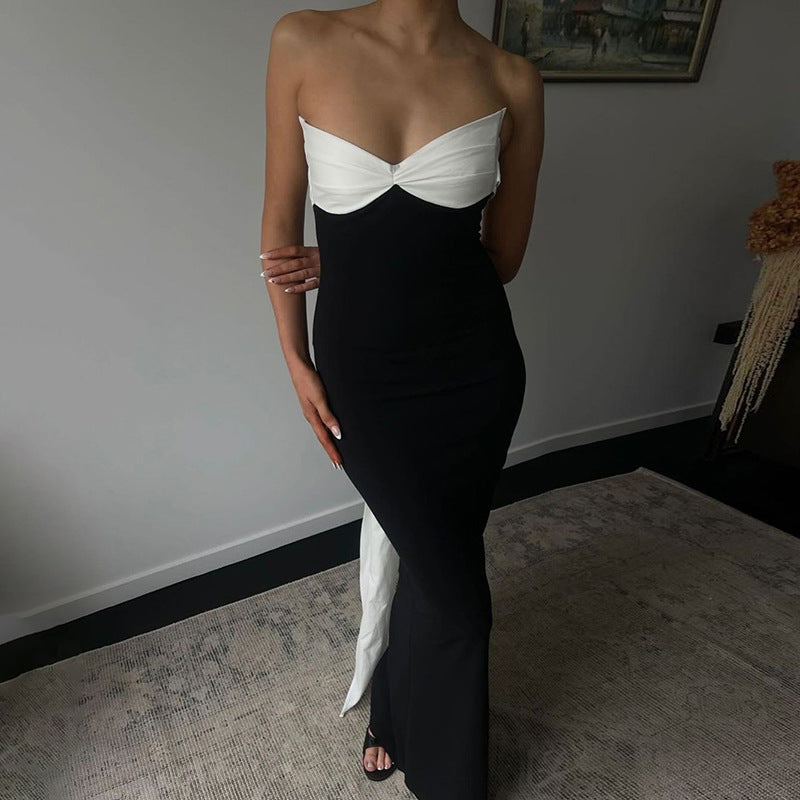 Black and white strapless gown from Stunning Backless Ribbon Dress collection in fashion