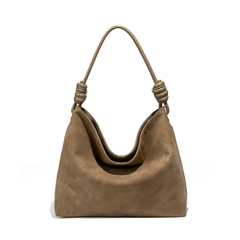 Taupe suede hobo bag from Luxury Frosted Office Bucket Bag, perfect for luxury fashion accessories
