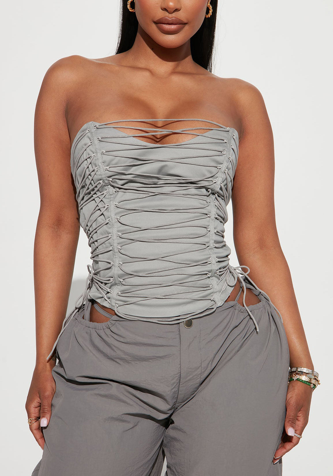Gray lace-up strapless corset vest in langry fashion