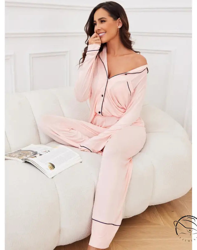 Pink long-sleeve modal pajama set with black piping for women autumn winter fashion