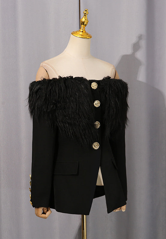 Elegant Langry black feathered blazer with gold buttons, off-shoulder fashion