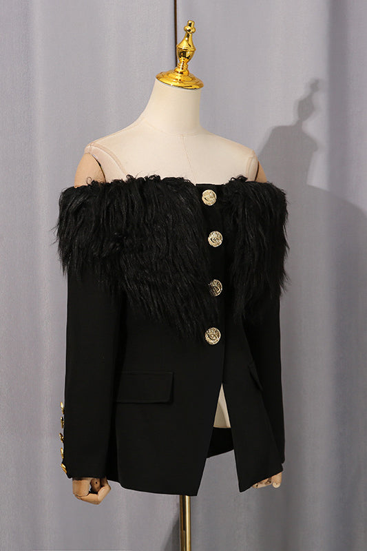 Elegant Langry black feathered blazer with gold buttons, off-shoulder fashion