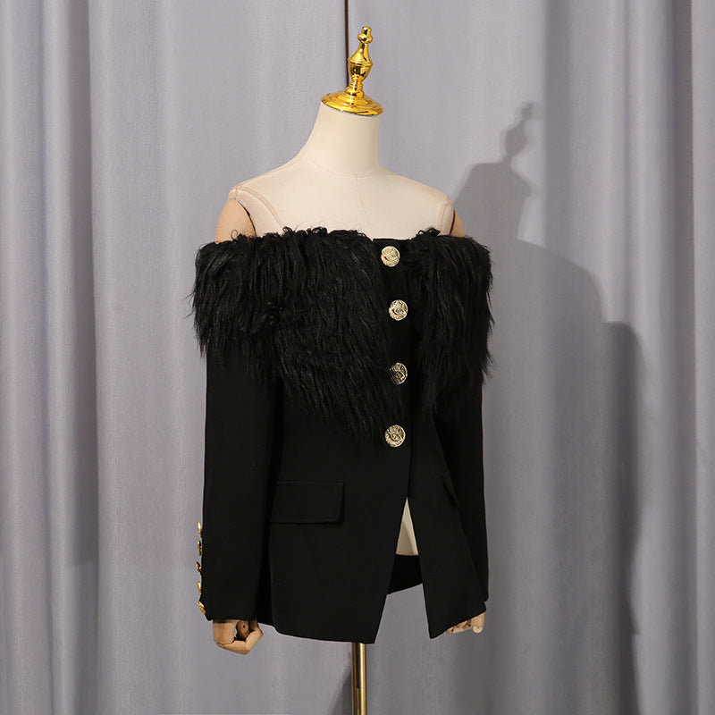 Elegant Langry black feathered blazer with gold buttons, off-shoulder fashion