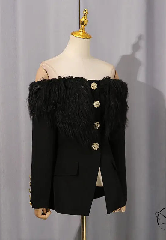 Elegant black feathered blazer with gold buttons in langry fashion