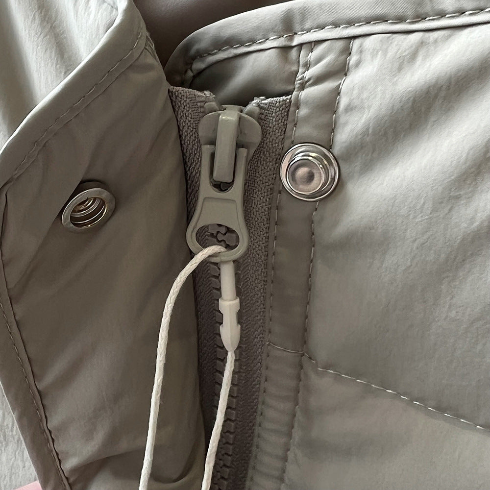 Gray zipper and white drawstring on Winter Korean round Neck Warm Vest, a stylish langry fashion piece