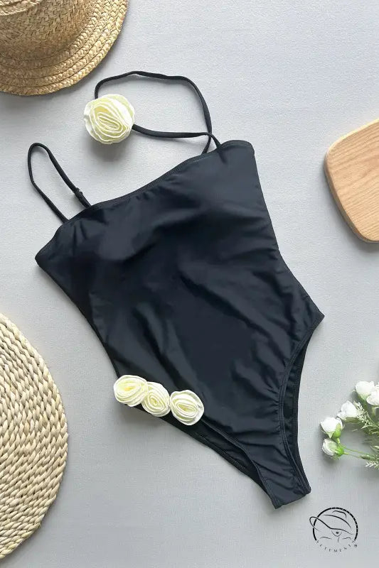 Black enchanting beach swimwear: one-piece with thin straps