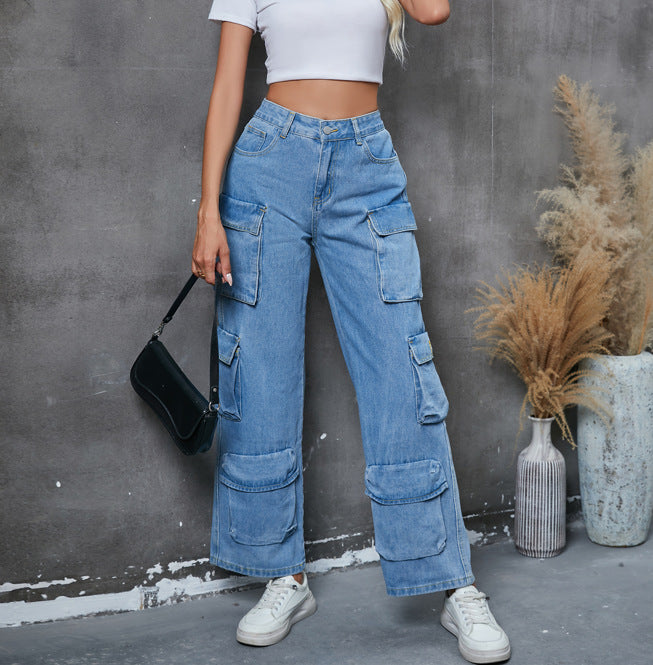 Light blue denim cargo pants from Fall Winter Overalls for women, stylish and functional ملابس